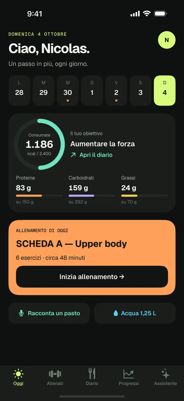 La schermata Oggi di NexGym: calorie, macronutrienti e allenamento del giorno